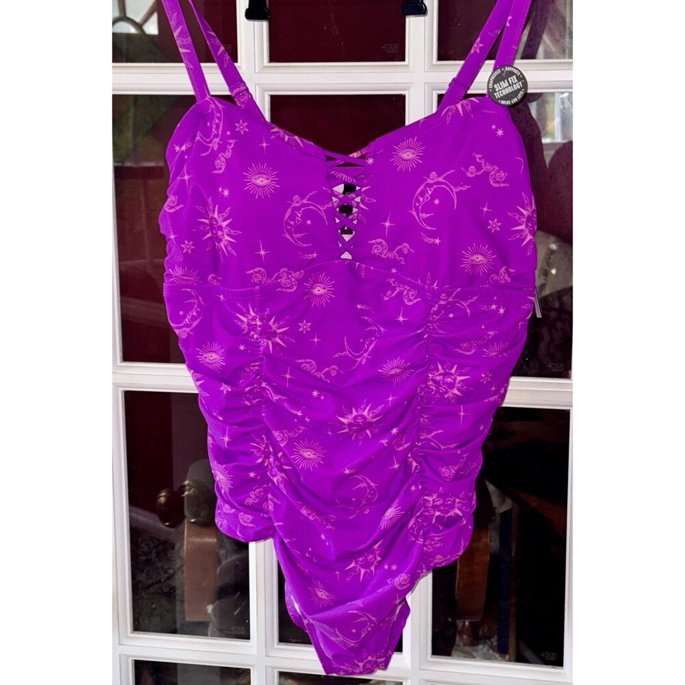 Torrid 2X Slim Fix Wireless Lattice Front One-Piece Swimsuit Celestial Purple